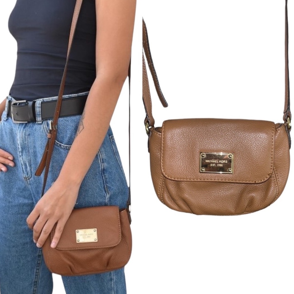 Michael Kors Luggage Brown Pebbled Leather Flap Jet Set Crossbody Mini Bag